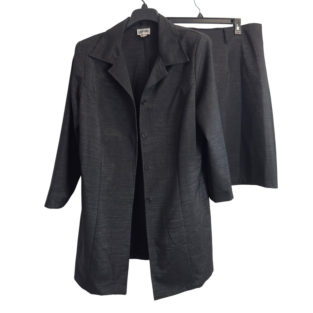 Visual F/X Womens 1X Skirt Suit Set Black Metallic Blazer Jacket Vintage USA